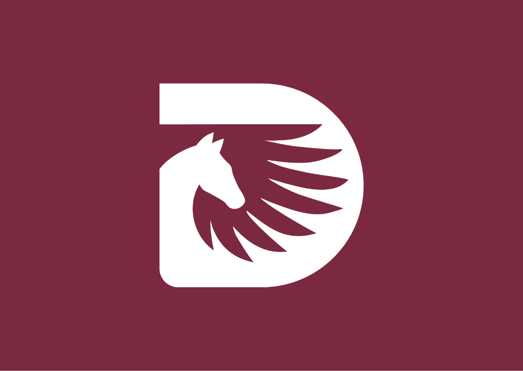 Brand mark with a winged horse inside a D